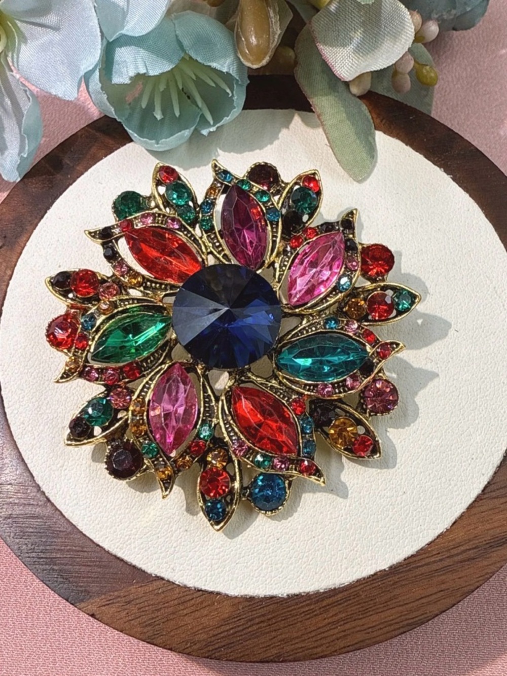 2” x 2” Gold-tone Multicolor Crystal Burst Brooch